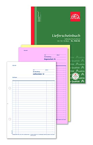 Omega Druck Lieferscheinbuch 948 OK, selbstdurchschreibend, A4 hoch, 3 x 50 Blatt, weiß/rosa/gelb, bedruckt von Omega