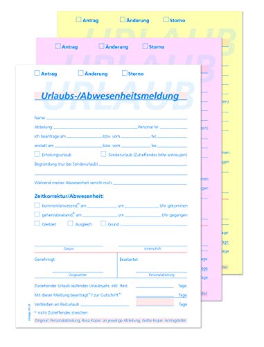 Omega Urlaubsantrag OF 21 A5 hoch, 3-fach, SD, 40 Garnituren/Packung I Effiziente Urlaubsplanung mit integriertem Resturlaub I Selbstdurchschreibend und in dreifacher Kopie für klare Dokumentation von Omega