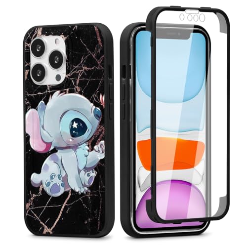 Omyzo Anime Hülle für iPhone 16, 15,5 cm (6,1 Zoll), 360° Ganzkörper-Schutzhülle, stoßfest, mit integriertem Displayschutz, Silikon, TPU-Stoßdämpfer, niedliches Kawaii-Cartoon-Marmor-Muster, Schwarz, von Omyzo