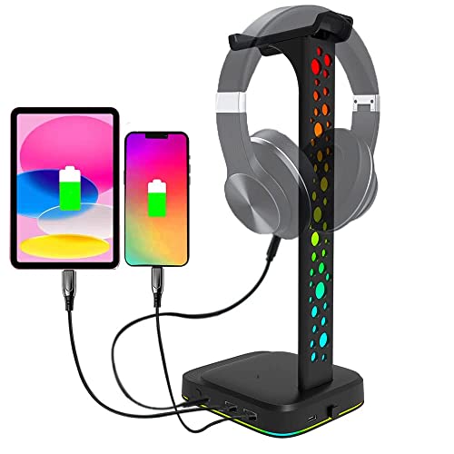 OneCut Kopfhörer Ständer RGB Gaming Headset Halterung mit 2 USB Typ-C Anschlüsse Datenübertragung und 3.5mm AUX, Kopfhörerhalter 9 Lichtmodi Speicherfunktion für Gamer PC Zubehör Schreibtisch von OneCut