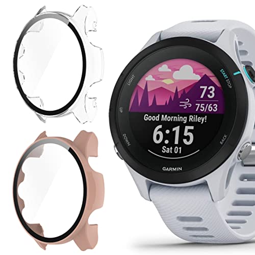 Onetuo Schutzhülle für Garmin Forerunner 255 Smartwatch, Hard PC hülle mit Glas Displayschutz kompatibel mit Garmin Forerunner 255 /255S Smartwatch (255-46mm hülle, Clear+rosa) von Onetuo