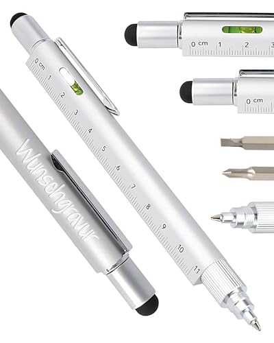 Online Männer Geschenk Stift 6-in-1 mit persönlicher Namens-Gravur Silber I Multitool Stift personalisiert I Multifunktions-Kugelschreiber und Werkzeug I Geschenk für Weihnachten, Hausbau, Handwerker von Online