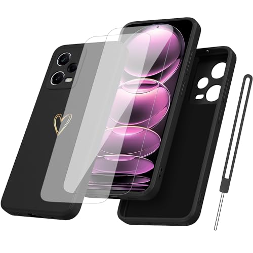 Hülle für Xiaomi Redmi Note 12 Pro+ 5G Handyhülle Silikon mit Gold Liebesherz ,mit 2 Stück Schutzfolie TPU Liquid Silicone Dünne Weiche Stoßfest Case Schutzhülle für Redmi Note 12 Pro+ 5G- schwarz von OnlyShield