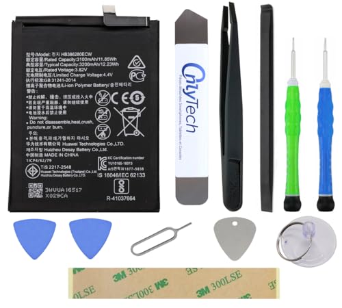 OnlyTech - Reparaturset Premium Ersatz-Akku HB386280ECW für Huawei P10 / Honor 9 – 3200 mAh – Originalqualität mit 10 Werkzeugen und Klebstoff von OnlyTech