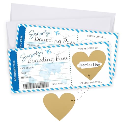 2pcs Rubbelkarte Reveal, Personalisierte Flugticket Boarding Pass Überraschung Reise mit Umschlag und Herz Rubbelkarte Aufkleber, DIY Ziel Einzigartiges Reisegeschenk für Familie und Freunde (Blau) von Onperpoe