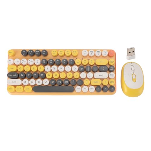 Oreilet Bunter Kabelloser Tastatur und Mauskamm, Niedliches Kabelloses Tastatur und Mausset mit 82 Tasten, Kabellose 2,4 G Bluetooth Tastaturmaus für PC, Computer, Laptop, Tablet (Yellow) von Oreilet