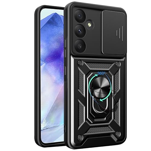 Orgsty Handyhülle für Samsung Galaxy A56 5G, Hülle mit Kameraschutz 360° Metall Ring Ständer Case mit Schiebekamera Abdeckung Stoßfest Bumper Militärschutz Hülle für A56 5G, Schwarz von Orgsty