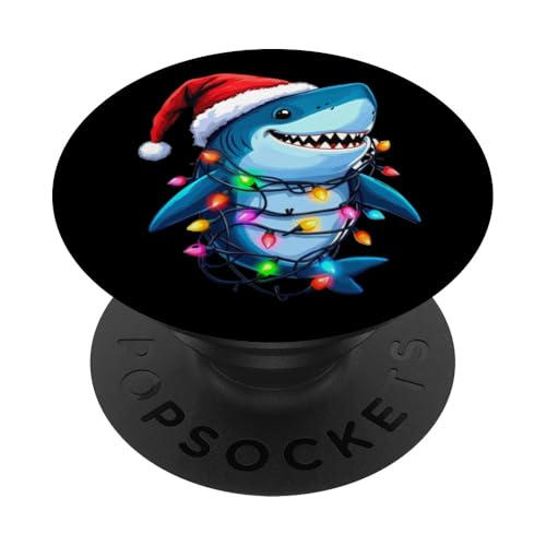 Festlicher Weihnachts-Hai mit Weihnachtsmütze Lichterkette PopSockets Klebender PopGrip von Originelle Hai-Weihnachtsdesigns für Ozean-Fans