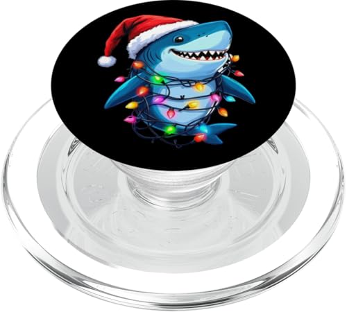 Festlicher Weihnachts-Hai mit Weihnachtsmütze Lichterkette PopSockets PopGrip für MagSafe von Originelle Hai-Weihnachtsdesigns für Ozean-Fans