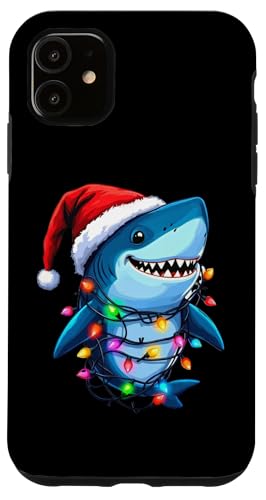 Hülle für iPhone 11 Festlicher Weihnachts-Hai mit Weihnachtsmütze Lichterkette von Originelle Hai-Weihnachtsdesigns für Ozean-Fans