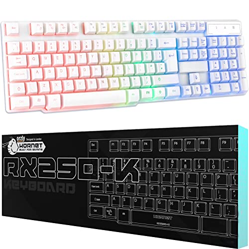 Orzly Gaming-Tastatur, weiß, RGB-USB, kabelgebunden, Regenbogen-Tastatur, entworfen für PC Gamer PS5, Laptop, Xbox, Nintendo Switch, RX-250 Hornet Edition – Siberia White Edition von Orzly