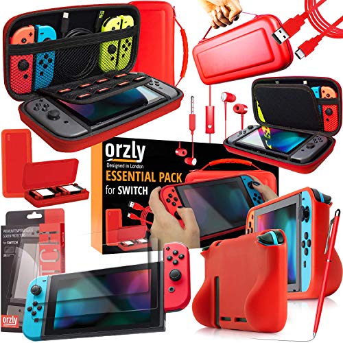 Orzly Switch Accesoires, Zubehör für Nintendo Switch (Panzer Glas Schutzfolien, USB Ladekabel, Konsole Tragetasche, Spiele Patronenhülse, Comfort Grip Case, Kopfhörer)-ROT von Orzly