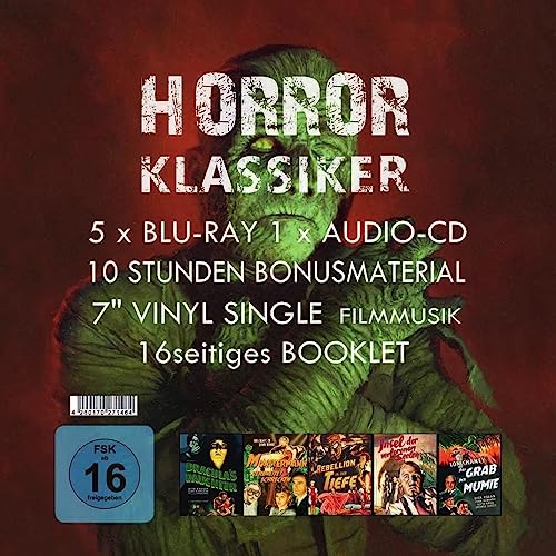 Horror-Klassiker Box - 5 Blu-rays + 1 Audio-CD + Vinyl 7" - Limited Edition 300 Stück - DAS GRAB DER MUMIE / DRACULAS TOCHTER / INSEL DER VERLORENEN ... DER TIEFE / MONSTERMANN VERBREITET SCHRECKEN von Ostalgica