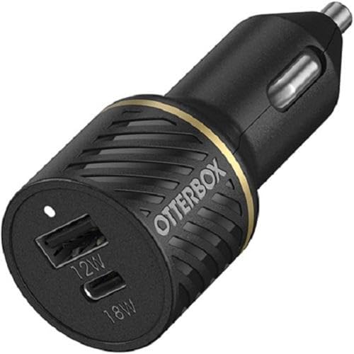 OtterBox Dual Port Auto Schnellladegerät 30W, USB-A 12W + USB-C PD 18W, Autoladegerät für Smartphone und Tablet, Sturzgeschützt und Robust, Schwarz von OtterBox