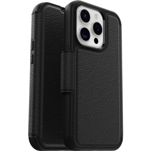 OtterBox Strada Hülle für iPhone 15 Pro für MagSafe, stoßfest, sturzsicher,Premium Lederfolio mit zwei Kartenhaltern, 3x getestet nach Militärstandard, Schwarz von OtterBox