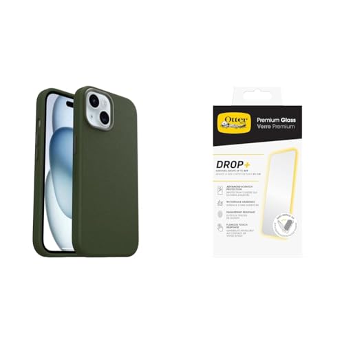 OtterBox Symmetry Series Cactus Leather MagSafe Hülle für iPhone 15, stoßfest, sturzsicher, dünne Schutzhülle, Grün mit Premium Glass Displayschutz von OtterBox