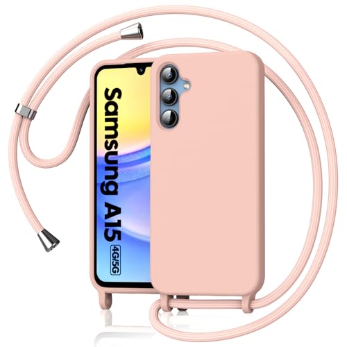 Oududianzi Handykette Hülle Kompatibel mit Samsung Galaxy A15 4G/5G, Liquid Silikon Handyhülle mit Umhängeband, Schutzhülle mit Band Kordel zum Umhängen Necklace Hülle，Rosa von Oududianzi