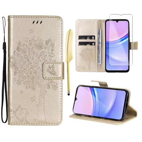 Oududianzi - Hülle für Samsung Galaxy A15 4G / 5G Handyhülle Leder Klapphülle Tasche Flipcase Schutzhülle Silikon TPU [1X Displayschutzfolie][Kartenfächer][Magnetverschluss][Standfunktion] - Gold von Oududianzi