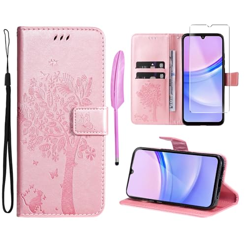 Oududianzi - Hülle für Samsung Galaxy A15 4G / 5G Handyhülle Leder Klapphülle Tasche Flipcase Schutzhülle Silikon TPU [1X Displayschutzfolie][Kartenfächer][Magnetverschluss][Standfunktion] - Rosa von Oududianzi