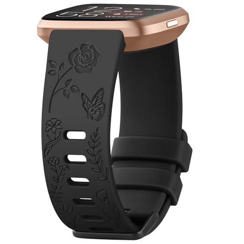 Oumida Armband für Fitbit Versa 2/Versa/Versa Lite/Versa SE Armband, Silikon Armbänder mit Blumengravur für Fitbit Versa/Versa 2/Versa Lite/Versa SE für Damen und Herren (Schwarz) von Oumida