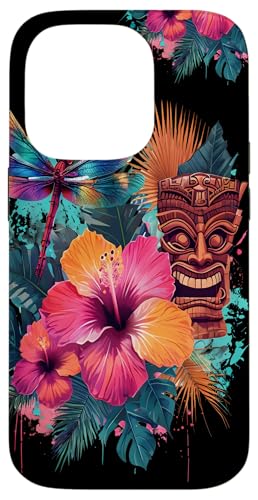 Hülle für iPhone 14 Pro Tiki-Maske, Blumenmuster, tropischer polynesischer Stil von Outcast Ape