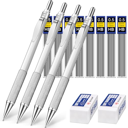 Druckbleistift Set,4 Stücke Automatische Metall Mechanische Stifte,8 Stücke HB Bleistift Minen Austauschbare Nachfüllungen und 2 Stücke Radiergummis für Haus, Schule und Büro Zubehör(Silberig, 0,5 mm) von Outus