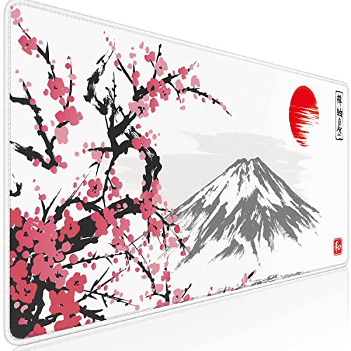 Gaming Mauspad Sakura Weiß XXL 900 x 400mm Premium Japan Fuji Mousepad Groß Vernähte Kanten Wasserdicht Anti-Rutsch für PC, MacBook,Laptop von Owege