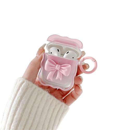 Ownest Kompatibel mit Airpods 2 Hülle und Airpods 1 Hülle Cute Aesthetic Colour 3D Bogen Design mit Schlüsselanhänger Wave Frame Shape TPU Mädchen Girls Transparent AirPods Case - Rosa von Ownest