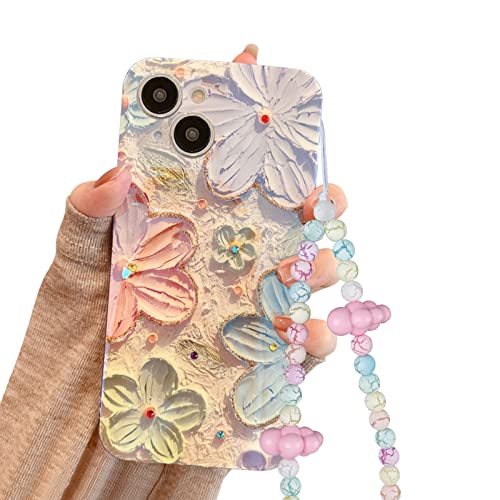 Ownest Kompatibel mit iPhone 13 Hülle Blumen Vintage Ölgemälde Handyhülle Cute Retro Oil Painting Flowers Kristall Design TPU PC Kamera Schutzhülle + Farbige Pearls Phone Chain von Ownest