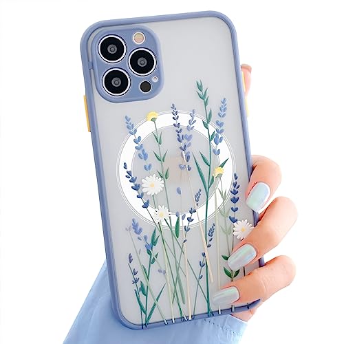 Ownest Kompatibel mit iPhone 15 Pro Hülle,Flowers Hülle Lavendel Blumen Painting Transparent Aesthetic Matte PC und Mädchen Frauen Hardcase Silikon Vintage Schutzhülle Case- Lila Magnet von Ownest