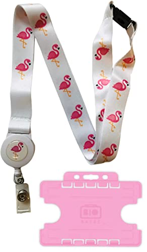 Schlüsselband mit Flamingo-Druck, 20 mm, mit Sicherheitsverschluss und integriertem einziehbarem Ausweishalter und passendem Kartenhalter, Pink von PAC Supplies Global
