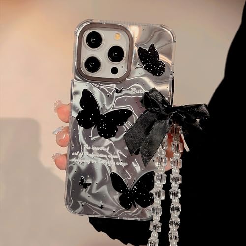 PAIXIKYZ Hülle Kompatibel mit iPhone 15 - Etui Glänzendes Schwarzes Butterfly Chain Wave Pattern Rugged Case von PAIXIKYZ