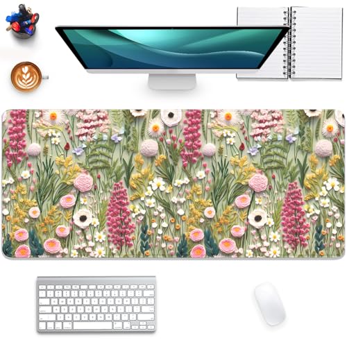 Mauspad mit gestickter Blumen-Stickerei, 3D-Muster, genähte Kanten, rutschfest, wasserdicht, Gummiunterseite, Mauspad für Büro, Computer, Tastatur, Laptop und Zuhause (70 x 29 cm) von PAKWMFEVGD