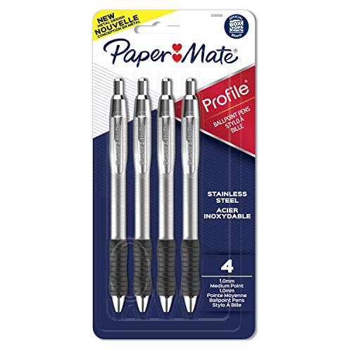 Paper Mate Profile Ballpoint Pens, Retractable Pen with Stainless Steel Barrel, 1.0 mm, Black Ink, 4 Count von PAPER MATE