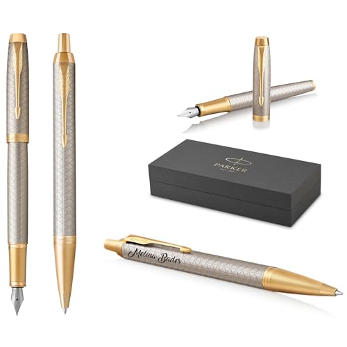 PARKER IM Premium Füllfederhalter und Kugelschreiber mit Gravur | Premium Stift | Geschenkbox | blaue Tinte | personalisiertes Geschenk | Jahrestag | Geburtstag (Warm Silver G.C.) von PARKER