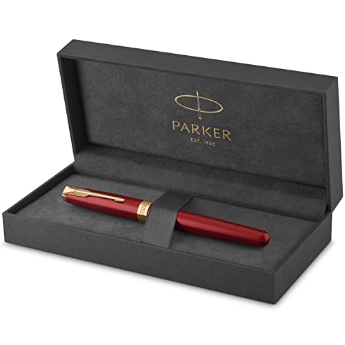 Parker Sonnet Füller , Rote Lackierung mit Goldzierteilen , Füllfederhalter mit feiner Feder , Geschenkbox von PARKER