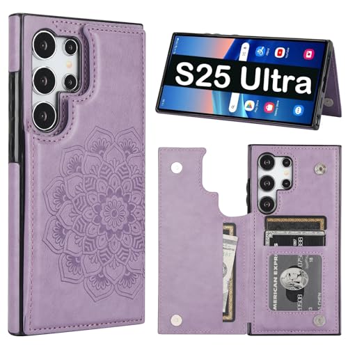 PASNEW Schutzhülle für Samsung Galaxy S25 Ultra mit Blumenmuster, Leder, Brieftaschenformat, S25 Ultra mit Kartenhalter, magnetischer Rückseite, Klapphülle für Damen, 17,3 cm (6,8 Zoll), Violett von PASNEW