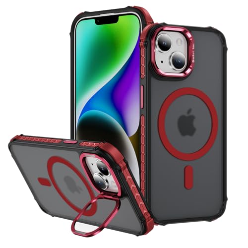 PASNEW Schutzhülle für iPhone 14, kompatibel mit MagSafe – Kamera-Stash-Ständer, vergilbungsbeständige Handyhüllen für iPhone 13 – schlanke, stoßfeste magnetische klassische Hybrid-Hülle, klares Rot von PASNEW