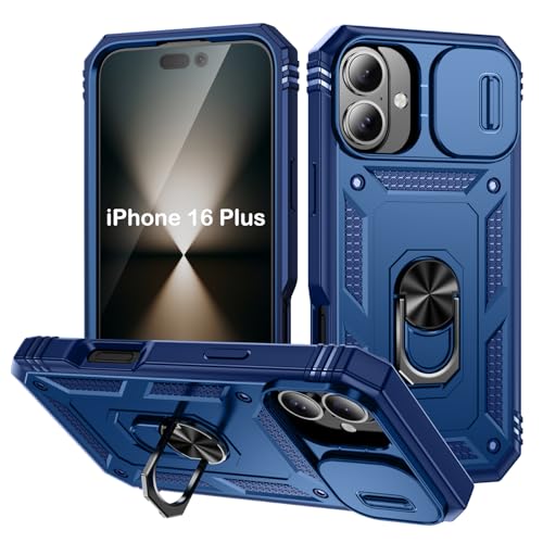 PASNEW Schutzhülle für iPhone 16 Plus, Militär, Metallständer und Schiebe-Kamera-Abdeckung, mehrschichtig, strapazierfähig, stoßfest, Hartschale, für iPhone 16 Plus, Blau von PASNEW