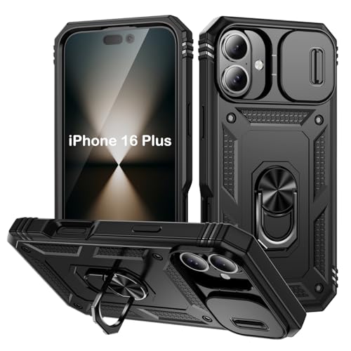 PASNEW Schutzhülle für iPhone 16 Plus, mit Ständer und Schiebe-Kamera-Abdeckung, Militärqualität, strapazierfähig, stoßfest, für iPhone 16Plus, 17 cm (6,7 Zoll), Schwarz von PASNEW