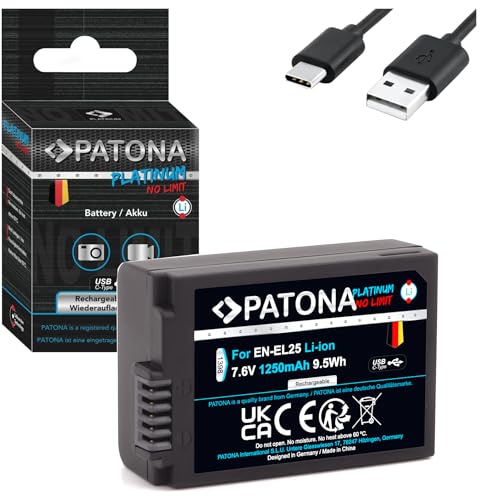 PATONA Platinum Akku mit USB-C Input Ersatz für Nikon EN-EL25, 7.6V 1250mAh Kompatibel mit Nikon Zfc, Z50, Z30, Hochleistungs-Ersatzakku mit Lade-LED und USB-C Kabel von PATONA