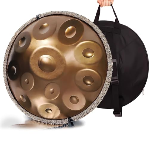 Handtrommel, 432 Hz Handpan Steel Drum, Golden Handpan Drum Percussion, 9/10/12/14 Notes 22 Zoll, Gold Performer“ in d-Moll mit weicher Handpan-Hülle, strapazierfähigem Handpan-Ständer(14Notes) von PAUANI