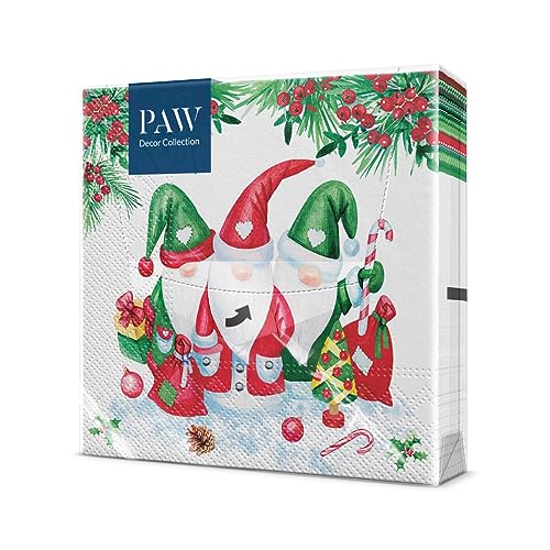 PAW - Servietten 3-lagig (33 x 33 cm) I 20 Stück I Papierservietten Bunt Perfekt für den Weihnachtstisch I Servietten - Weihnachten, Winter, Zwerge, Süßigkeiten I Christmas Gnomes von PAW Decor Collection