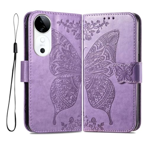 PEIYE Geprägte Hülle für Vivo V40 5G, Klappbar Lederhülle Flip Cover Case, Schutzhülle Handyhülle mit Kartenfach und Geldfach, TPU-Innenteil, Magnetverschluss, Standfunktion,Helles Lila von PEIYE