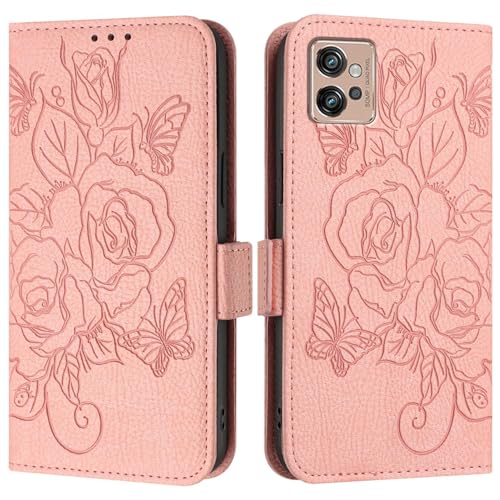 Flip-Case-Abdeckung Kompatibel mit Motorola Moto G32 Hülle, Brieftaschen-Hülle, schlankes PU-Leder-Handy-Flip-Folio-Gehäuse, stoßfeste Schutzhülle mit Kartenhaltern + Handschlaufe Handyhülle(Pink) von PENGLIPING