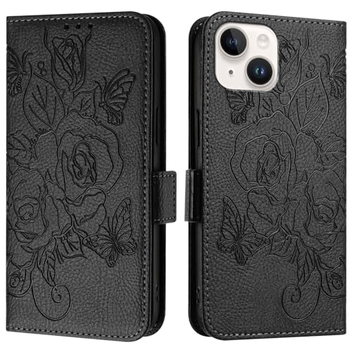 Flip-Case-Abdeckung Kompatibel mit der iPhone 13-Hülle, Brieftaschenhülle, schmale PU-Leder-Telefon-Flip-Folio-Hülle, stoßfeste Schutzhülle mit Kartenhaltern + Handschlaufe Handyhülle(Black) von PENGLIPING