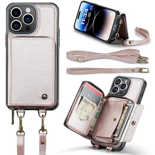 Handyhülle auf der Rückseite For iPhone 14 Pro Wallet Case mit 【RFID-Blockierung】 Kartenhalter, magnetisches abnehmbares Lederetui, Wallet Case mit Ständer, stoßfeste Schutzhülle mit Handschlaufe(Rose von PENGLIPING