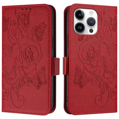 PENGLIPING Flip-Case-Abdeckung Kompatibel mit iPhone 14 Pro Max Hülle,Brieftaschenhülle Schlanke PU-Leder-Telefon-Flip-Folio-Hülle,Stoßfeste Schutzhülle mit Kartenhaltern+Handschlaufe Handyhülle(Red) von PENGLIPING