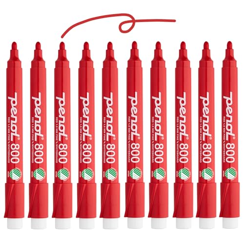 PENOL Whiteboard-Marker, 10 Whiteboard Stifte in der Farbe Rot – 800, 1,5 mm Rundspitze, Trocken Abwischbarer Marker mit Nordic Swan Ecolabel, Geruchlose Folienstifte für Büro und Schule von PENOL