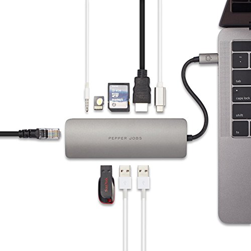 USB C Hub 9 in 1, PEPPER JOBS TCH-6 USB C Adapter w/4 K HDMI, 3 USB 3.0, SD-/Micro-SD-Kartenleser, usb-c Ladekabel, 3,5 mm Audio- und Gigabit Ethernet für MacBook Pro 2017, MacBook Dell XPS und mehr von PEPPER JOBS